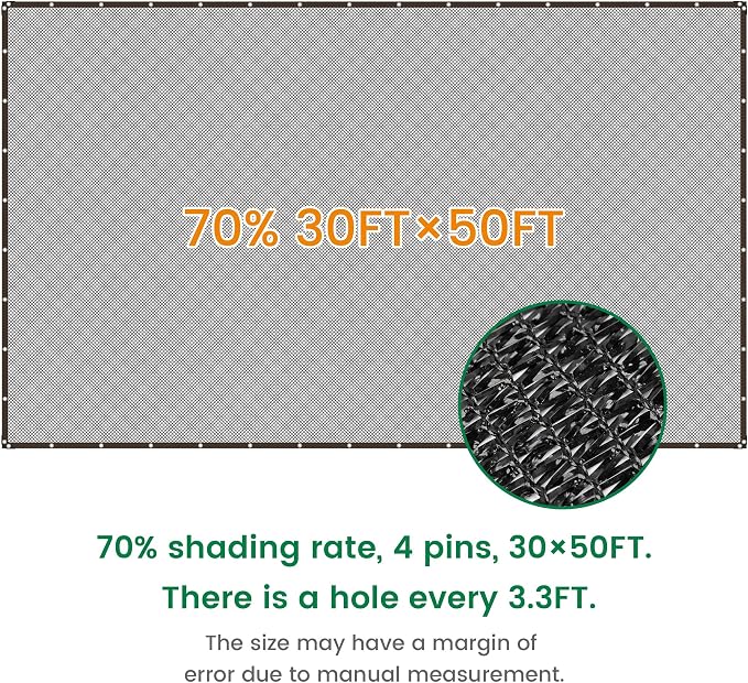 Shade Cloth, 30FT X 50FT 70% Black Outdoor Woven Sun Shade with Grommets, Durable Breathable Netting Shading Antifreezing for Patio, Garden, DIY Home, Plants Cover, Greenhouse, Dog Kennel
