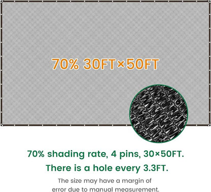 Shade Cloth, 30FT X 50FT 70% Black Outdoor Woven Sun Shade with Grommets, Durable Breathable Netting Shading Antifreezing for Patio, Garden, DIY Home, Plants Cover, Greenhouse, Dog Kennel