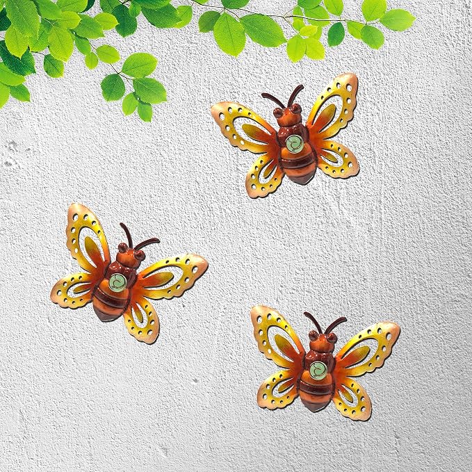 Garden Decor Metal Bee Wall Art Sculpture, Large Bee art Garden Decoration | BVLFOOK; Hanging for Outdoor & indoor; Yard Lawn Patio; Living Room décor; Bedroom; 3 Pack; Gift for Family