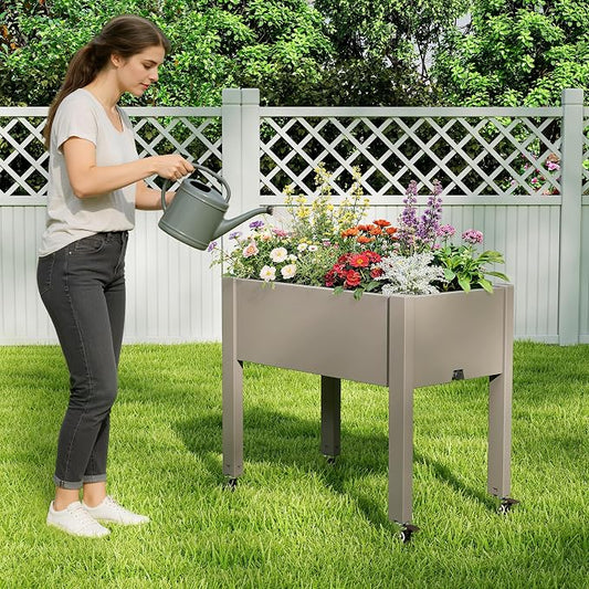 Elevated 26.3" Tall Raised Garden Bed with Wheels - Outdoor Mobile Resin Planter Box with Drainage Holes for Vegetables Flower Herbs, Weather Resistant, Gray (26.3" h)