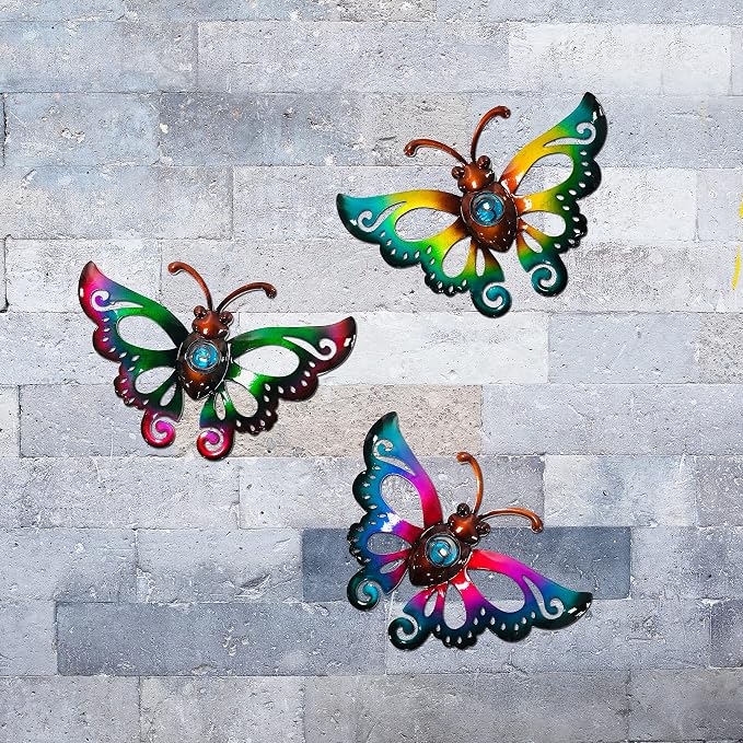 Garden Decor Metal Butterfly Wall decor, Wall Art Hanging for Patio Fence | BVLFOOK; 3D Design; Set of 3, 9 inch; Indoor & Outdoor; Great Gift for Family; garden décor; living room decor