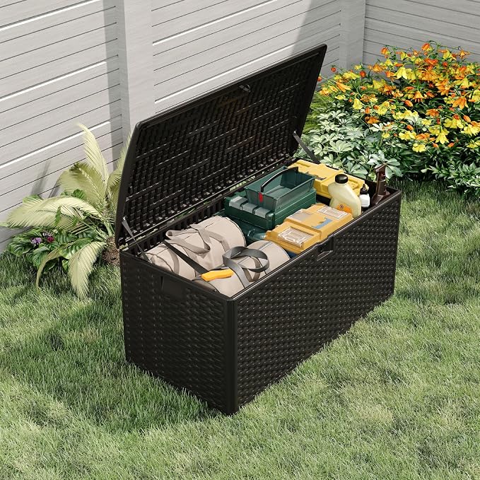 99 Gallon Waterproof Large Resin Deck Box Indoor Outdoor, Lockable Storage Container for Patio Furniture Cushions, Throw Pillows, Garden Tools, and Pool Floats, Brown