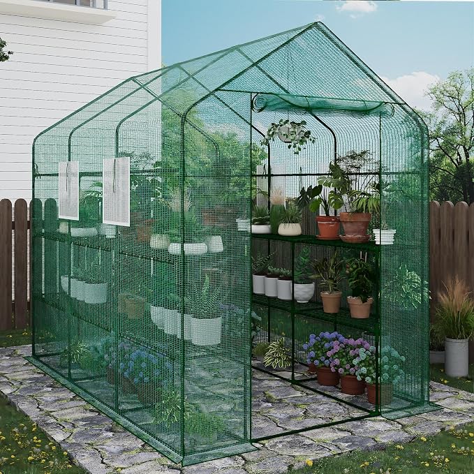 Greenhouse, 57 x 85 x 77'' Greenhouses for Outdoors, with Mesh Side Windows, PE Cover, 8 Shelves, Heavy Duty Walk in Green House for Backyard Garden Indoor, Green