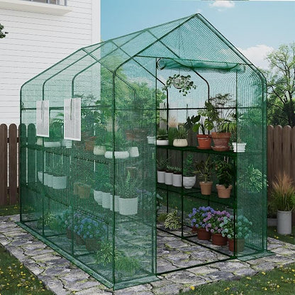 Greenhouse, 57 x 85 x 77'' Greenhouses for Outdoors, with Mesh Side Windows, PE Cover, 8 Shelves, Heavy Duty Walk in Green House for Backyard Garden Indoor, Green