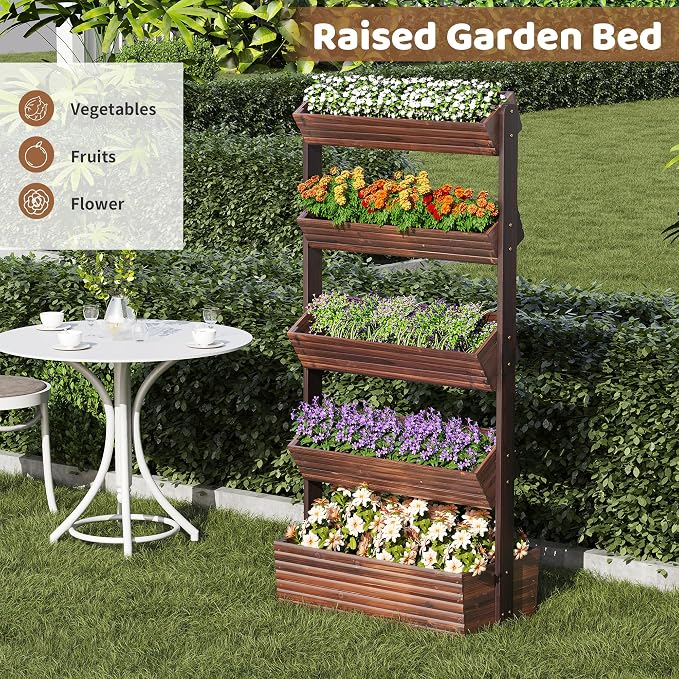 Wooden Raised Garden Bed Vertical Planter Box, Freestanding Plant Stand for Indoor Outdoor Plants, Herbs, Flowers, Vegetables, Gardening (Carbonized, 5-Tier，29.9 x 17.9 x 68in)