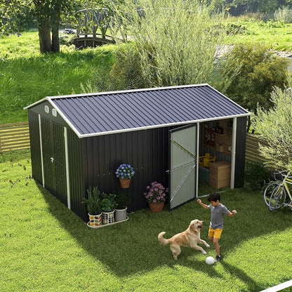 YOPTO 12X10 FT Metal Outdoor Storage Shed W/Flower Pot Stand,Dark Gray | 3 Lockable Doors,Air Vent,Sloped Roof,Reinforced Structure,Waterproof Outdoor Shed for Garden,Patio,Backyard,Lawn