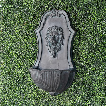 XBrand 29.9" Solar-Powered Wall-Mounted Lion Head Fountain, Resin, Outdoor, Gray