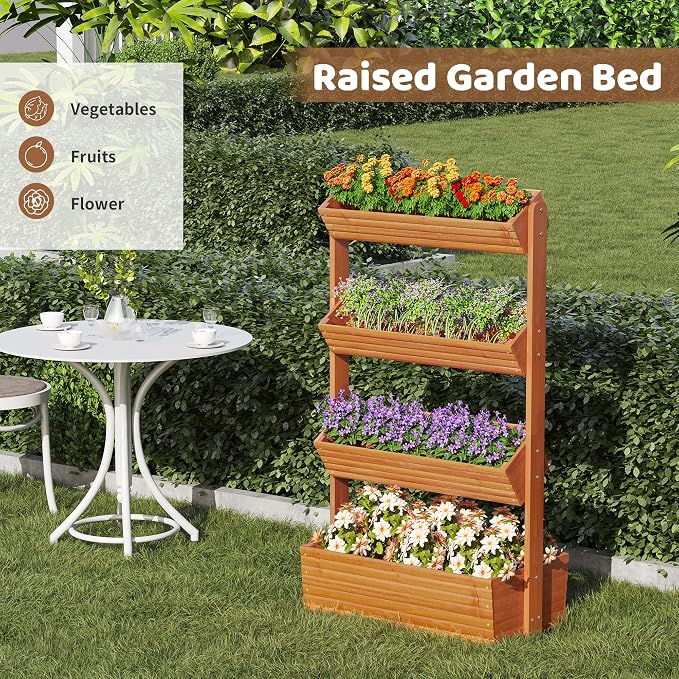 Wooden Raised Garden Bed Vertical Planter Box, Freestanding Plant Stand for Indoor Outdoor Plants, Herbs, Flowers, Vegetables, Gardening (Reddish Brown, 4-Tier，29.9 x 17.9 x 55in)