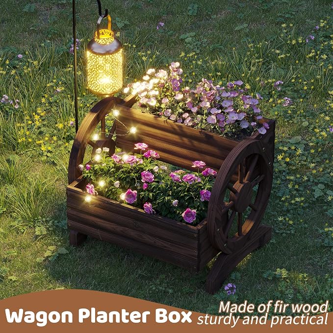 Wooden Wagon Planters for Outdoor Plants, Flower Cart, Wood Planter Boxes Outdoor, Backyard Decor, Flower Planters Outdoor with Wheels Planter for Flowers Vegetables (Carbonized)