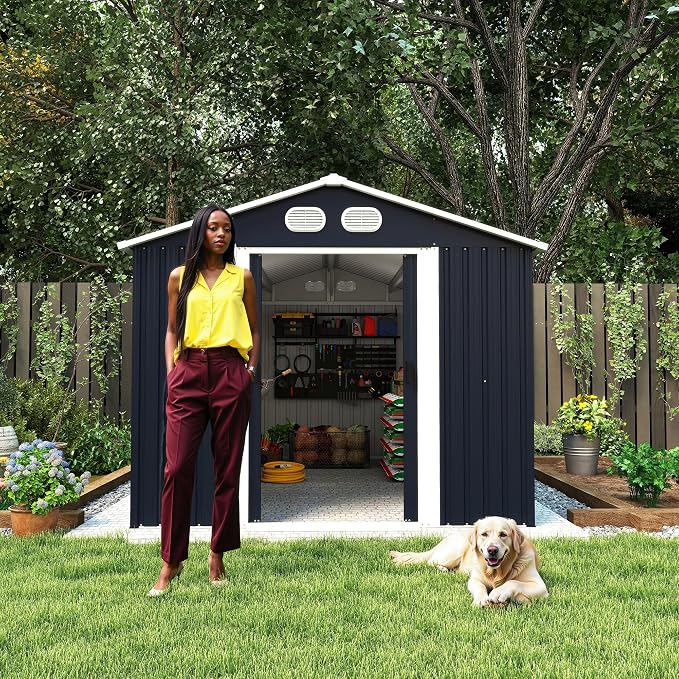 YOPTO 8x12 FT Outdoor Storage Shed, Metal Garden Shed with Window, Lockable Door & Sloped Roof, Large Waterproof Utility Tool Shed for Backyard, Garden, Patio, Lawn, Dark Gray