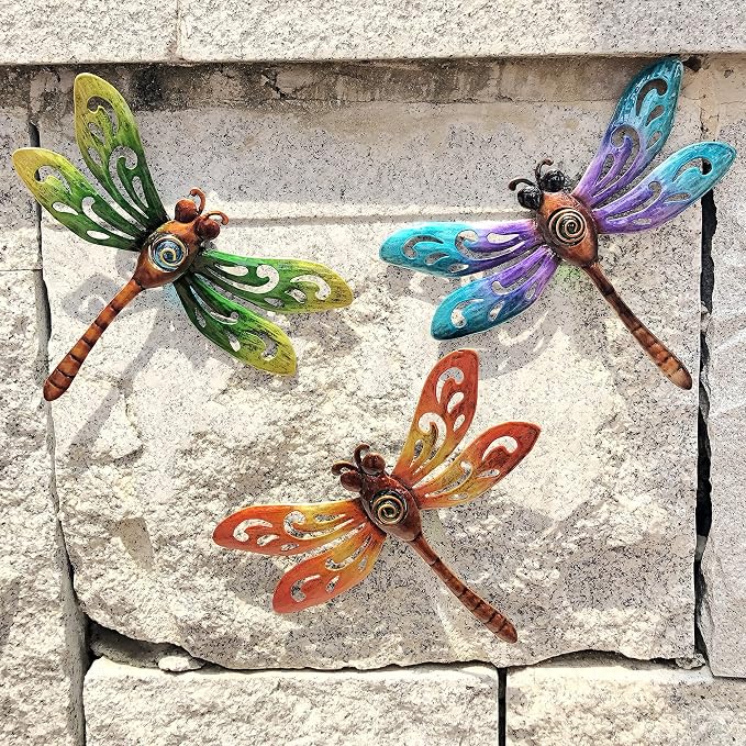 Metal Dragonfly Wall Art, Metal Indoor Outdoor Fence Wall Decor | BVLFOOK Wall Art for Living Room Bedroom, 9 Inch 3 Pack, Hand-made Vibrant Ornament Sculpture for Patio Balcony