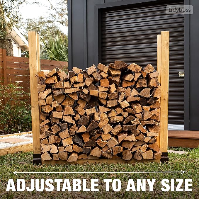 TIDYBOSS 2 Pack Firewood Rack Outdoor | 2x4 Brackets for Wood | Lumber Storage Rack Log Holder | Adjustable to any Length with Seal Strip, Gloves, Steel Plates and Screws (Dark Brown)