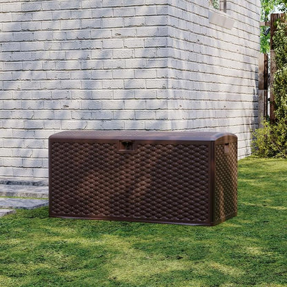 Garvee 73 Gallon Waterproof Large Resin Deck Box Indoor Outdoor, Lockable Storage Container for Patio Furniture Tools, Waterproof Deck Box Patio Storage Bin for Pool Garden, Brown