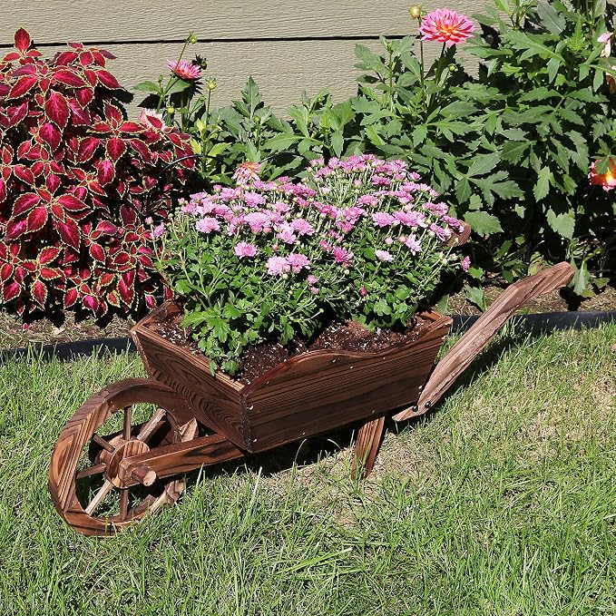 Sunnydaze Outdoor Wooden Decorative Wheelbarrow Planter - for Indoor or Outdoor Use - 35" W x 10.25" D x 12" H - Brown