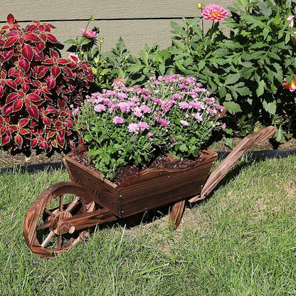 Sunnydaze Outdoor Wooden Decorative Wheelbarrow Planter - for Indoor or Outdoor Use - 35" W x 10.25" D x 12" H - Brown