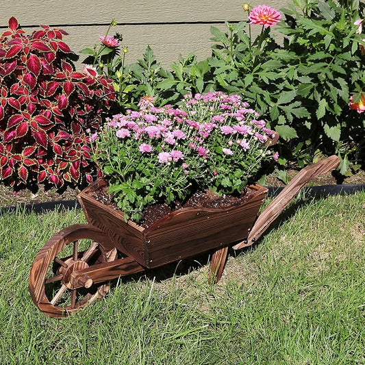 Sunnydaze Outdoor Wooden Decorative Wheelbarrow Planter - for Indoor or Outdoor Use - 35" W x 10.25" D x 12" H - Brown