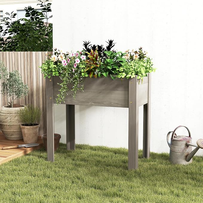 Raised Garden Bed with Legs Elevated Wooden Planter Box for Backyard Patio Balcony Deep Grow Box for Vegetables Flowers Fruits & Herbs (Grey, 31x31x16in)