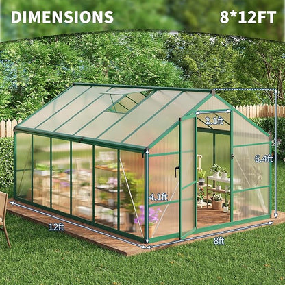 8x12 ft Walk-in Greenhouse, Polycarbonate Panels with Reinforced Aluminum Frame, Large Garden Green House for Planting and Seed Starting, Quick-Assembly Structure with Adjustable Roof Vent