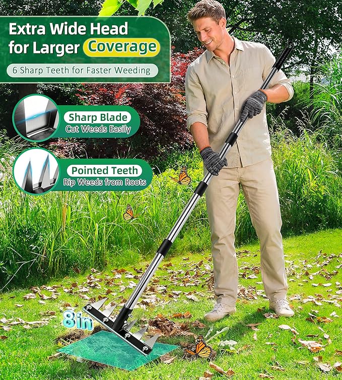 Weed Rake Tool for Garden, 2.0 Upgraded Heavy Duty Iron Weed Puller Tool with 71" Adjustable Long Handle, 6 Teeth Garden Rake Manual Weed Remover for Lawn, Yard, Garden | Heavy Duty, 71" Adjustable Long Handle