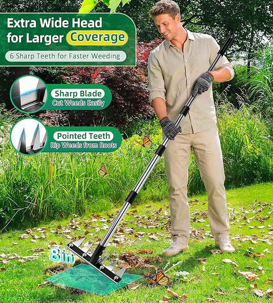 Weed Rake Tool for Garden, 2.0 Upgraded Heavy Duty Iron Weed Puller Tool with 71" Adjustable Long Handle, 6 Teeth Garden Rake Manual Weed Remover for Lawn, Yard, Garden | Heavy Duty, 71" Adjustable Long Handle
