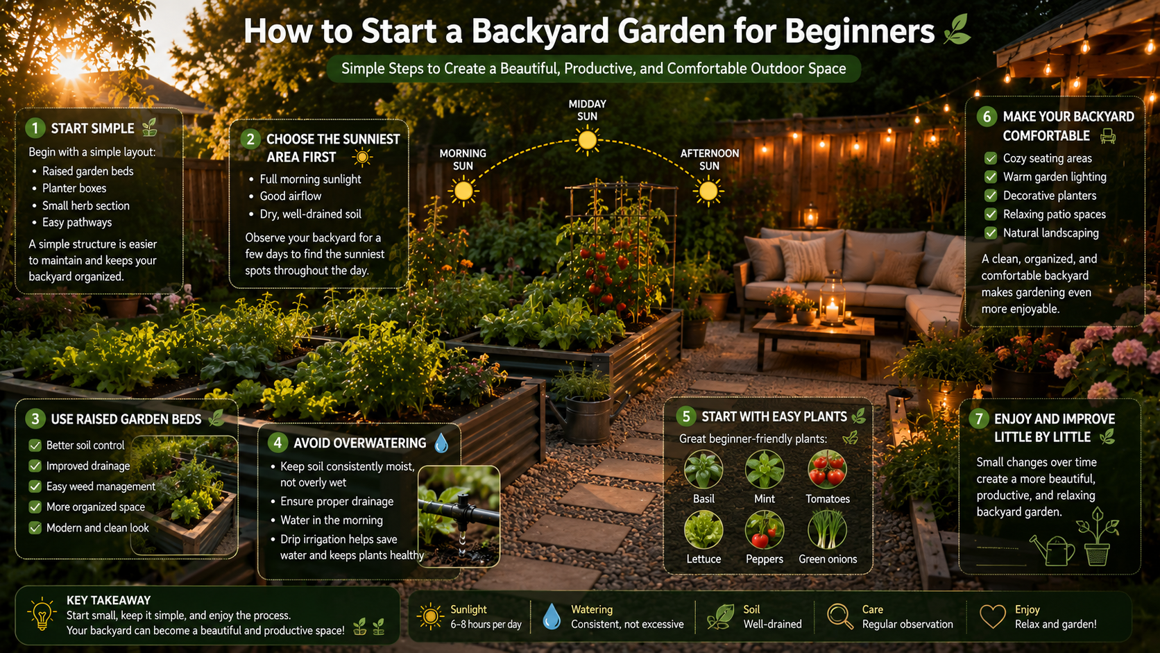 Backyard garden setup with text overlay on how to start a backyard garden for beginners.