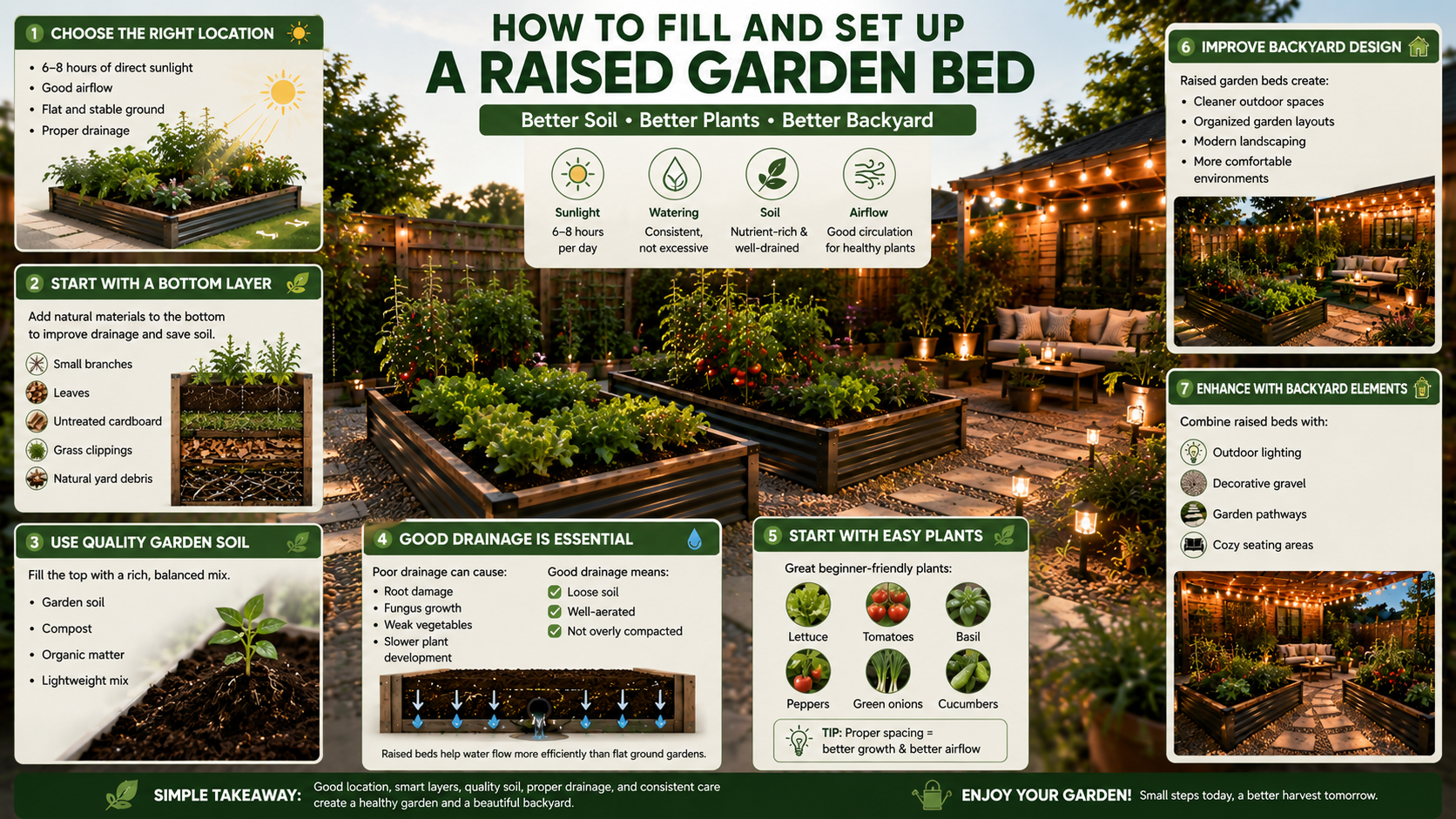Step-by-step guide on how to fill and set up a raised garden bed with images and text.