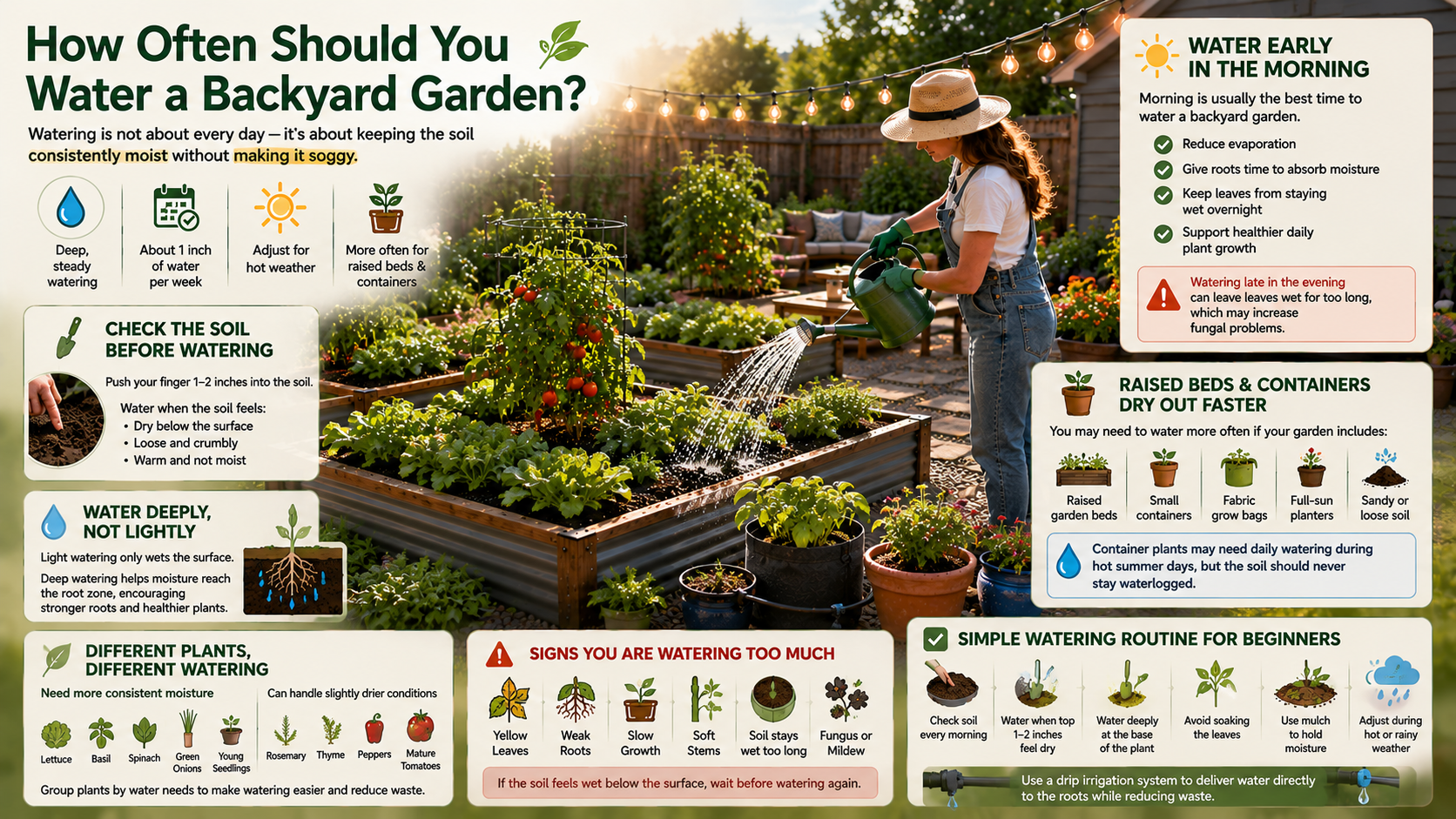 Infographic on watering a backyard garden with text and images of gardening activities.