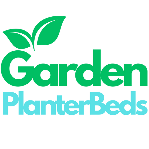 Logo for Garden Planter Beds with green leaves on a white background